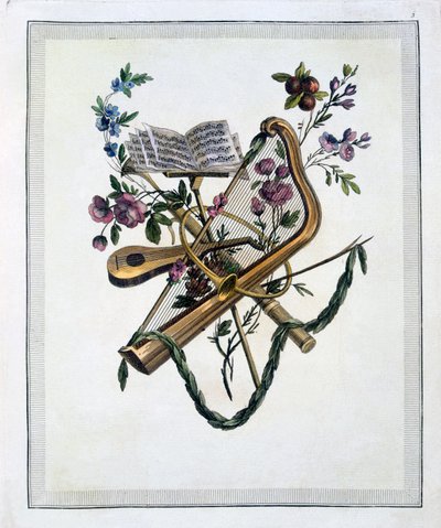 Hudební nástroje, z knihy rytých desek oppenordských vzorů, vydané 1745rn od French School
