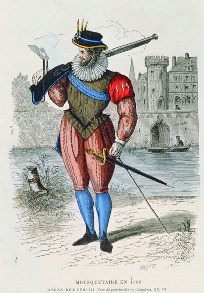 Mušketýr v roce 1586, ilustrace z Costumes de Paris a travers les siecles od H. Gourdona de Genouillac, rytina A. Renarda (barevná rytina) od French School