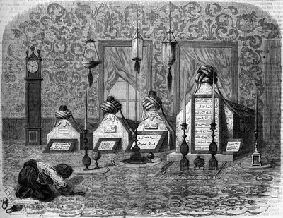 Muslimské pohřební umění: turby (hrobky) bouřících se dervišů. Scutari, Turecko od French School
