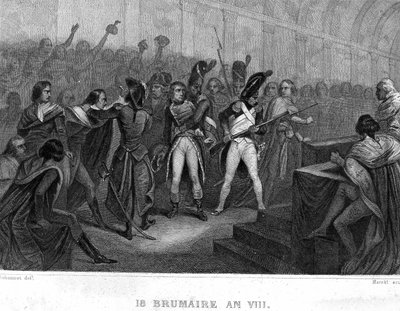 Státní převrat Napoleona Bonaparta dne 18. Brumaire roku VIII (1799) v sále Rady pěti centů (pět centů) (pokoj 500) Saint Cloud - v „”Revolution francaise”” od Thierse. 19. století od French School