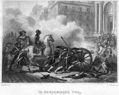 Napoleon drtící rojalistické povstání - Napoleon Bonaparte (na koni) velící revolučním jednotkám v pouličních bojích 13. Vendemiaire (5. října) - 13. Vendemiaire 1795 (Royalistické povstání z 5. října 1795): Bonaparte znovu pobodal řád shoo od French School