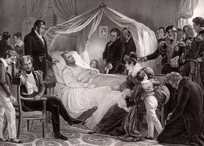 Napoleon I. na smrtelné posteli na Svaté Heleně, 5. května 1821, podle obrazu Charlese de Steuben od French School