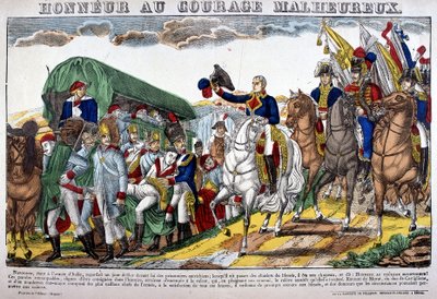 Napoleon I. si jako konvoj raněných sundává klobouk a volá „Čest nešťastné odvaze!“ Obrázek Epinal od French School