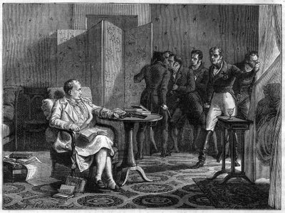 Napoleon I. do Sainte-Helene (Svatá Helene) v říjnu 1818 se rozhodl postavit se zbraní v ruce proti pokusu Hudsona Lowea, britského generála, vynutit si dveře – v „Historie impéria po historii konzulátu““ od Adolfa Thiers - 1879 od French School