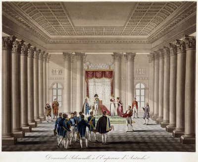 Napoleon žádá Marii Louise o sňatek s rakouským císařem - v „“Historických dějinách války mezi Francií a Rakouskem v roce 1809““ od French School