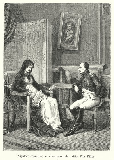 Napoleon se radí se svou matkou před odjezdem z ostrova Elba (rytina) od French School