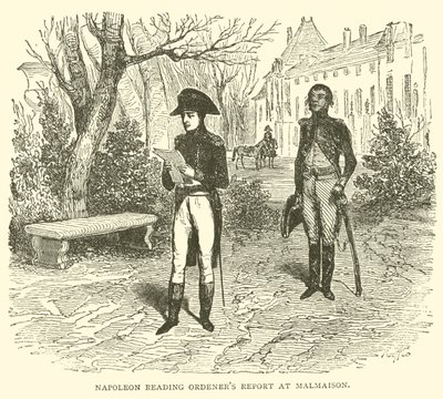 Napoleon čte ordenerovu zprávu v Malmaison (rytina) od French School