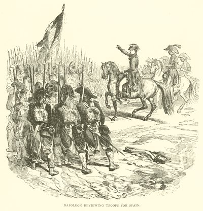 Napoleon kontroluje vojáky pro Španělsko (rytina) od French School