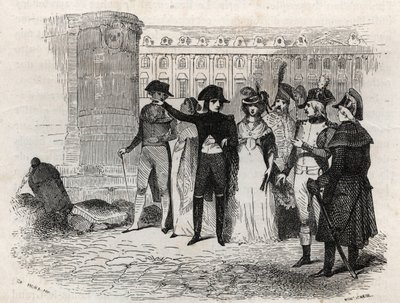 Napoleon na procházce s Madame Tallien, rozená Theresa Cabarrus, princezna z Caraman, princezna z Caraman Chimay (1773 - 1835) umístila Vendome v Paříži - rytina v „Les rues de Paris“. Stará a moderní Paříž: původ, historie, památky, kostýmy, morálka, chro od French School