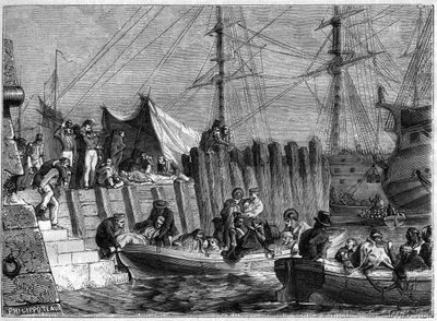 Napoleonské války - Anglická armáda opouští ostrov Walcheren 1809 - Angličané opouštějí ostrov Walcheren v Nizozemsku v roce 1809 - v „Historie impéria po historii konzulátu“ od Adolphe Thierse - 1879 - soukromá sbírka od French School