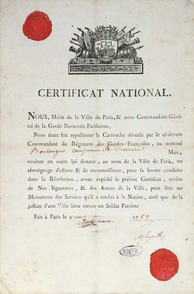 Národní osvědčení o dobrém chování během Francouzské revoluce, 8. srpna 1789 v Paříži od French School