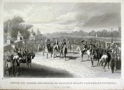 Vojáci Národní gardy chrání Národní shromáždění v Paříži. Rytina během francouzské revoluce 1848 (rytina) od French School