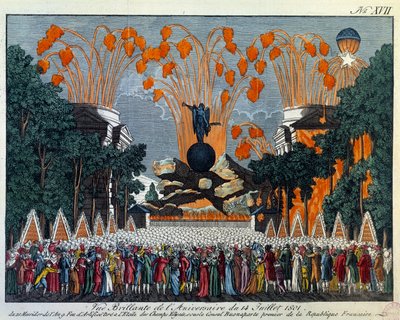 Národní slavnost 14. července 1801 na Elysejských polích v Paříži: Ohňostroj se koná na pařížských Elysejských polích. Tisk z roku 1801, Paříž, Musee Carnavalet od French School