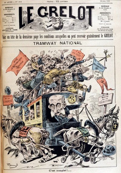 Národní tramvaj: Francie vyřazena mezi myšlenky levice a pravice, karikatura o vládě Meline - v „“Le Grelot““ z 12.6.1898 od French School
