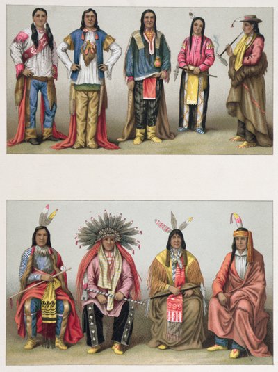 Indiáni z povodí Mississippi a z Colorada, ilustrace z knihy Le Costume Historique od A. Racineta, vydané v Paříži 1888 od French School
