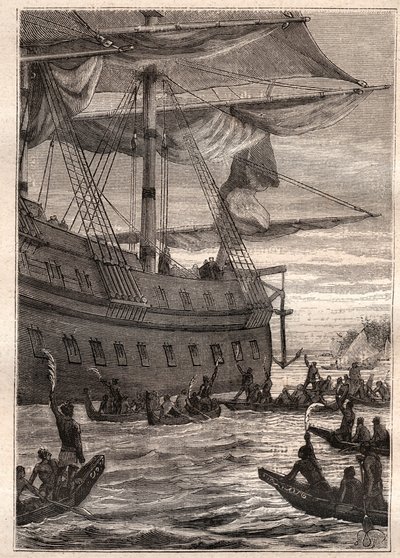 Domorodí lidé drželi v ruce větve banánovníků: Cesta Samuela Wallise (1728-1795) do Polynésie - domorodí obyvatelé držící větve banánů jako uvítací pozdrav - ilustrace převzata z „Velkých námořníků 18. století““ od French School