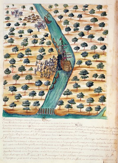 Domorodci útočící na francouzské lodě na řece Tavoy, z popisu jezuitů v Siamu, 1688 (wc na papíře) od French School