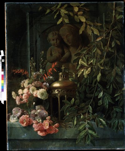 ""Zátiší"" (Madona s dítětem, lucerna, květiny (včetně karafiátu) Obraz francouzské školy 19. století. Michail Kroshitsky Art Museum, Sevastopol (Sevastopol) Ukrajina od French School