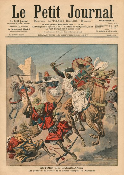 Poblíž Casablancy, goumiers útočící na Maročany, ilustrace z 