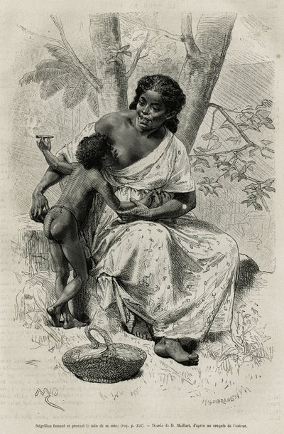 Negillon kouří a bere si prsa své matky v oblasti Darien (východní Panama), rytina podle kresby D. Maillarta pro ilustraci příběhu Průzkum šíjí Panamy a Darien, od A. Recluse, poručíka lodi, v letech 1876 až 1878 od French School