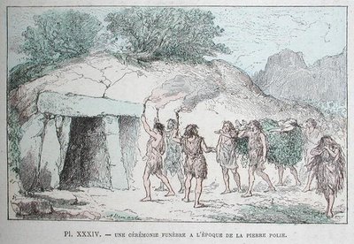Neolitický pohřební obřad, ilustrace z knihy "Les Origines de la Vie" od Dr. Rengadeho, asi 1880 (kolorovaná rytina) od French School