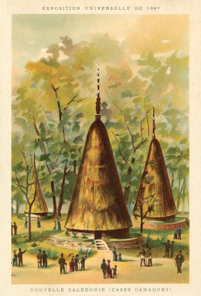 Nová Kaledonie (chaty Kanak), výstava Universelle 1889, Paříž (chromolitho) od French School