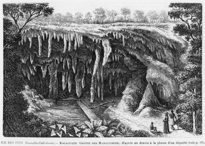 Nová Kaledonie, Isle of Pines, Kouaouete, jeskyně Manguemene, ilustrace z bulletinu Les Missions Catholiques, podle kresby deportovaného perem a tuší, 1893 od French School