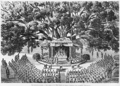 Nová Kaledonie, celebrující mši na ostrově Nou, po kresbě perem a tuší převáženého, ilustrace z bulletinu Les Missions Catholiques, 1875 od French School