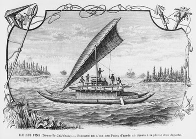 Nová Kaledonie, piroga z Isle of Pines, podle kresby deportovaného perem a tuší, ilustrace z bulletinu Les Missions Catholiques, 1893 od French School