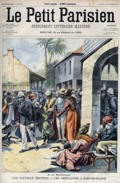 Nová sopečná erupce ze sopky Montagne Pelee na Martiniku: sanitky ve Fort de France (Fort-de-France). Rytina do „“The Little Parisian““ od French School