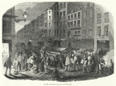 Novinový trh, Rue Montmartre, Paříž (rytina) od French School