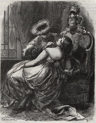 Pěkný krk! Že by ho kat rád odřízl! Anglický král Jindřich VIII. (1491-1547) s manželkou Kateřinou Parrovou (1512-1548). Rytina z roku 1871 v „Histoire Des Cocus Celebres““ od Henryho de Kocka (1819-1892). od French School
