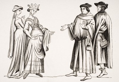 Vznešená dáma a ctihodná a dvě měšťanky, po miniaturě v „Merveilles du Monde“, z „Le Moyen Age et La Renaissance“ od Paula Lacroixe (1806-84) vydaného v roce 1847 od French School