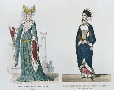Šlechtična za vlády Karla VI., Marguerite de Provence, manželka Ludvíka IX., zemřelá v roce 1285, z civilních a vojenských kostýmů Francouzů v průběhu staletí od French School