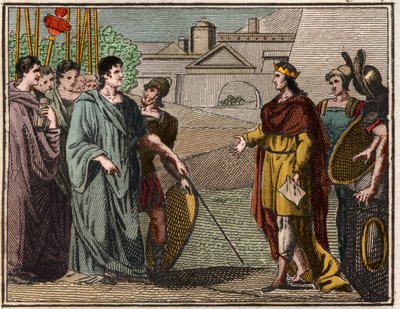 Numa Pompilius, legendární druhý král Říma, vrací posvátný štít kněžím Marsu. od French School