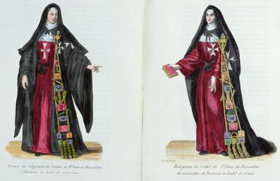 Jeptišky řádu svatého Jana Jeruzalémského, ilustrace z knihy Dějiny a kostýmy mnišských řádů od otce Helyota, 1842. od French School