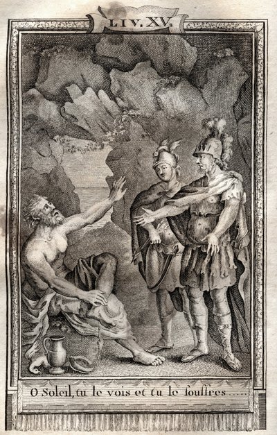 Ó Slunce, vidíš to a trpíš to! Ulysse mi bez hnutí odpověděl: Jupiter to chce... rytina z roku 1798 od Monneta v „Les Aventures de Telemaque, fils d