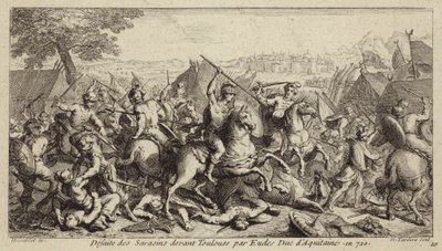 Odo, vévoda z Akvitánie, porazil Umajjovce v bitvě u Toulouse, 721 (rytina) od French School