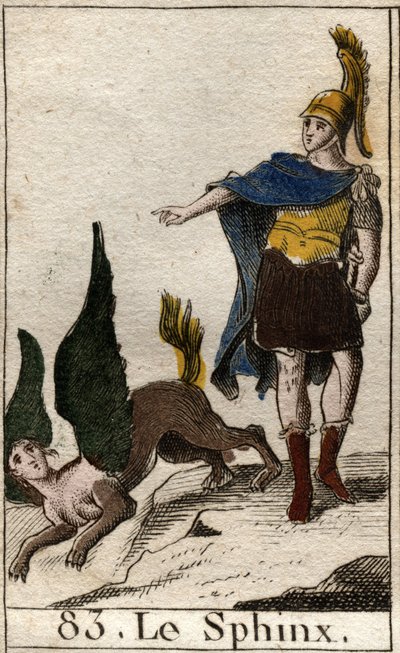 Oidipus vyřeší hádanku o sfingě, která se vrhne z její vysoké skály. Z „Mytologie mládí“ od Pierra Blancharda 1803. od French School