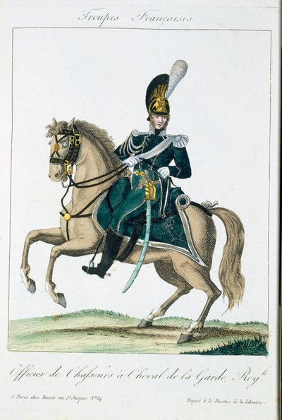 Důstojník královské koňské gardy, z Troupes Francaises, hospoda. chez Basset, Paříž, kolem roku 1790 od French School