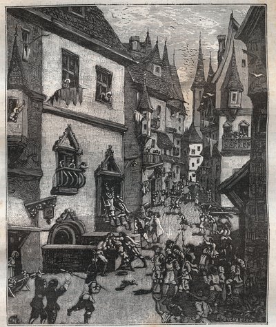 května 1636 bylo v rue Champfleuri zatčeno osm padělatelů dvěma policejními komisaři doprovázenými tuctem seržantů – v „Paris a travers les siecles““ Nicolas Jules Henri Gourdon de Genouillac (1826-1898) od French School