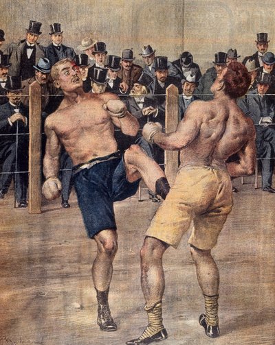 Jedno z prvních setkání savate, francouzský box, se utkalo v Paříži v roce 1899, barevná rytina. Francie od French School