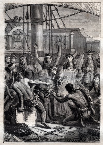 Pouze zrcadlo mělo dar vzbudit jejich úžas: Cesta Samuela Wallise (1728-1795) v Polynésii - indigenes etonnes u zrcadla - ilustrace převzata z „Velkých námořníků 18. století“ od French School