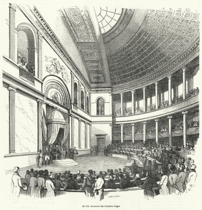 Otevření Poslanecké sněmovny, dolní komory belgického parlamentu (rytina) od French School