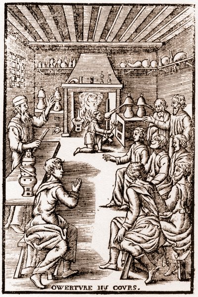 Zahájení kurzu transmutační chemie - rytina 1653 v „“ LE VRAY ET METHOD COURSES DE PHYSICS RESOLUTIVE““ od Annibala Barleta od French School