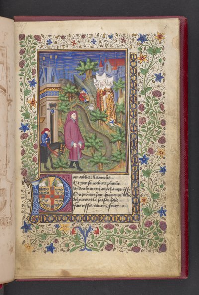 Úvodní stránka. Pán v krajině, za ním další na koni se třemi dámami.  Le livre des quatre dames; podle Alaina Chartiera. Le livre des quatre dámy; podle Alaina Chartiera.  Chartier, Alain, blíže neurčený, tajemník Karla V od French School
