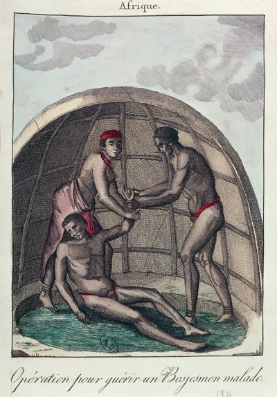Operace k uzdravení nemocného Bushmana, 1811 (barevná rytina) od French School