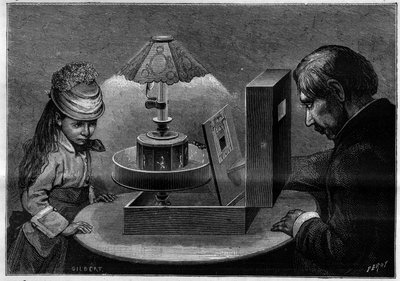 Optická iluze: divadlo praxinoskop, přístroj vynalezený Emilem Reynaudem (1844-1918). Gravírování v "" přírodě. Přehled vědy a jejích aplikací v umění a průmyslu. od French School