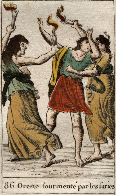 Orestes pronásledovaný Erinyes (nebo Fúrie) za pomstu smrti svého otce Agamemnona zabitím jeho matky Clytemnestra). Z „Mytologie mládí“ od Pierra Blancharda 1803. od French School