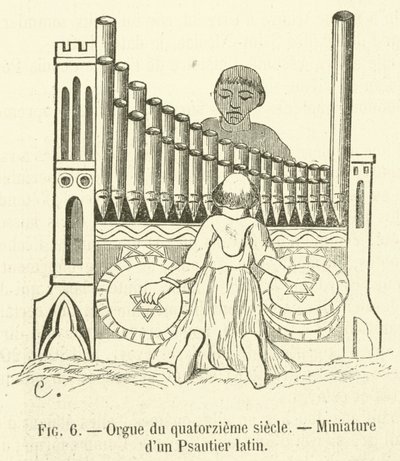 Varhany ze čtrnáctého století, miniatura latinského žaltáře (rytina) od French School